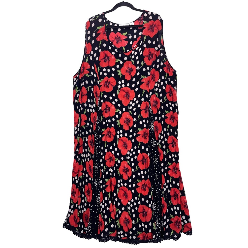 Anna Maxwell Black Poppy Floral Polka Dot Dress 4X Lace Up Back Plus Curvy